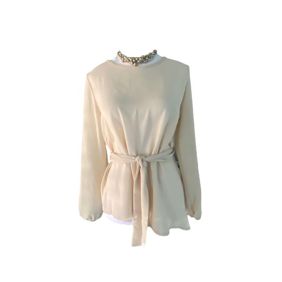 Boohoo Women Asymmetric Cream Blouse Top Puffy Long Sleeves Front Tie Size 4 - Picture 1 of 10